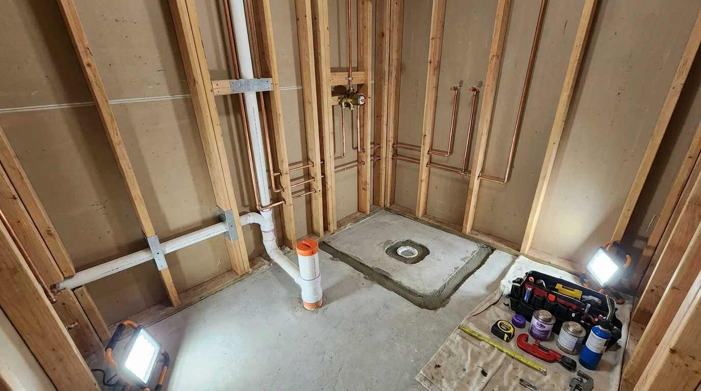 Bathroom rough-in plumbing during remodel by Johns Plumbing LLC in Vista