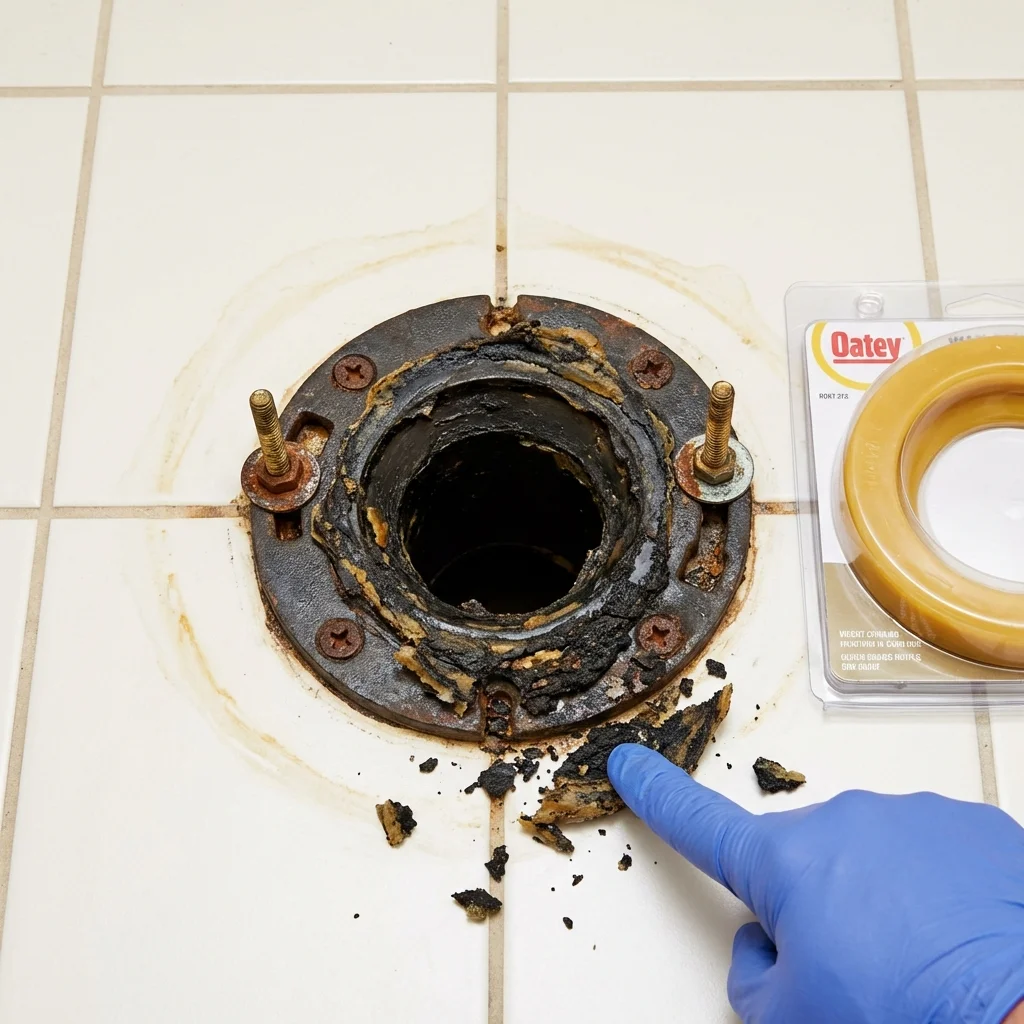 Failed wax ring showing water seepage at the base of a toilet in a Vista, CA home